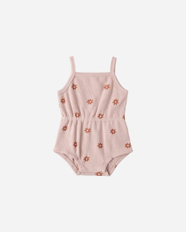 Waffle Cinch Romper - Pink Daisy