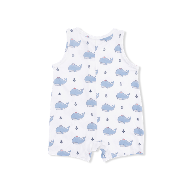Sleeveless Shortie Romper - Blue Bubbly Sailor Whales