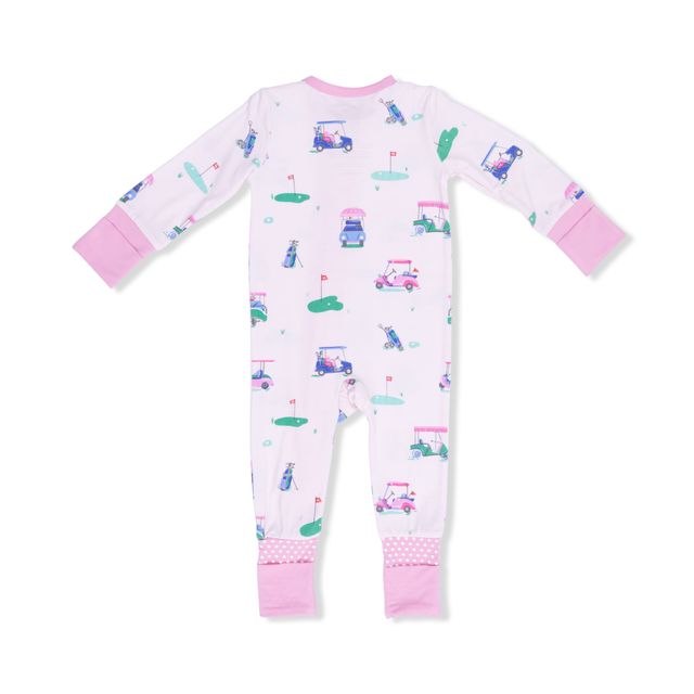 Bamboo Zipper Romper - Vintage Golf Carts - Pink