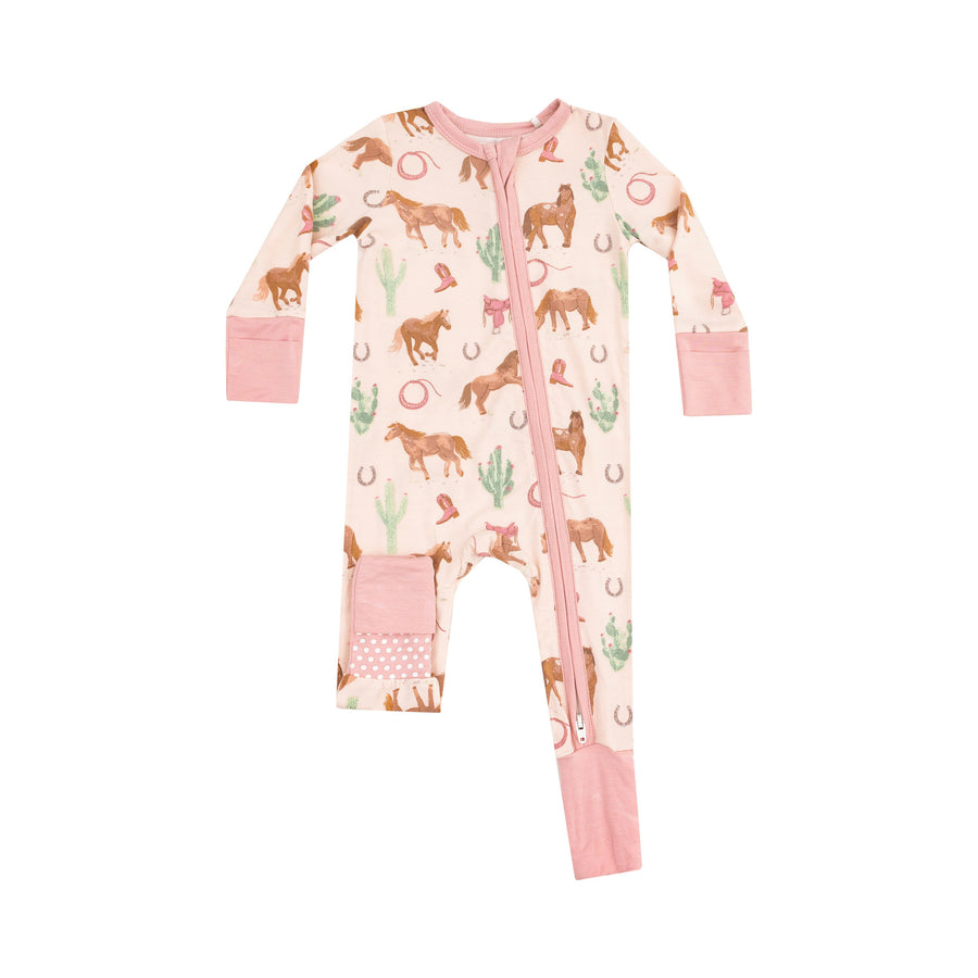Bamboo Zipper Romper - Western Horses Pink
