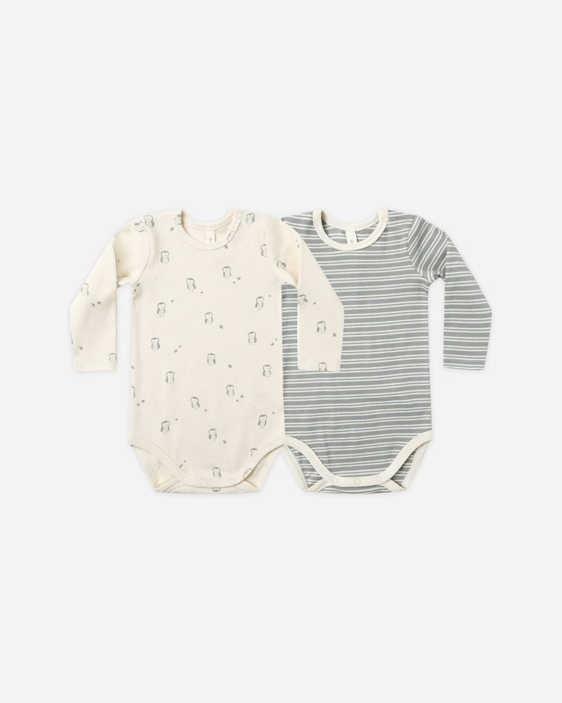 Ribbed Bodysuit (Set of 2) - Steel Blue Micro Stripe, Owls