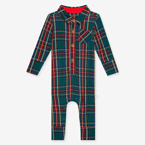 Long Sleeve Collared Henley Romper - Tartan Plaid