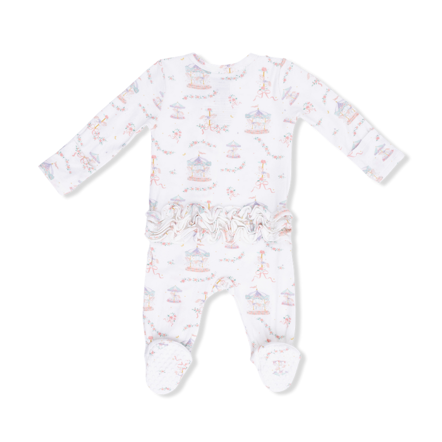 Bamboo Ruffle Back Zipper Footie - Carousel with Bows