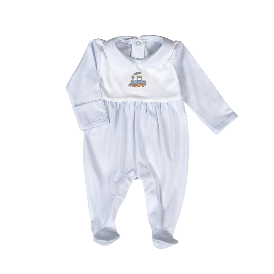 Blue Choo Choo Train Pima Bib Footie