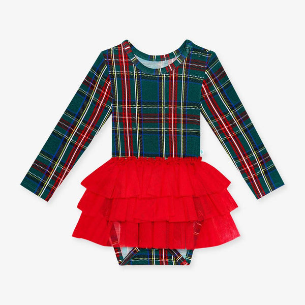 Long Sleeve Tulle Skirt Bodysuit - Tartan Plaid