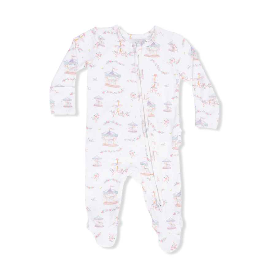 Bamboo Ruffle Back Zipper Footie - Carousel with Bows