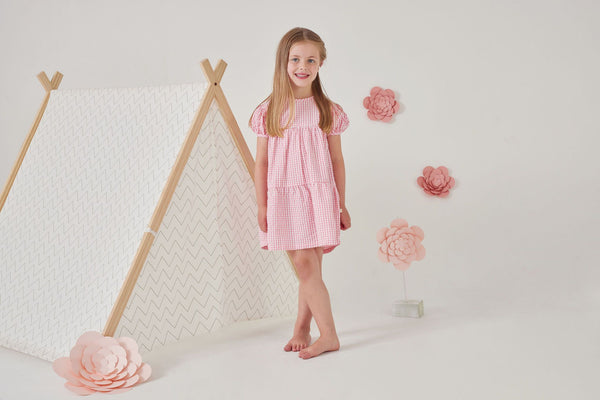 Puff Sleeve Layered Dress - Pink Gingham