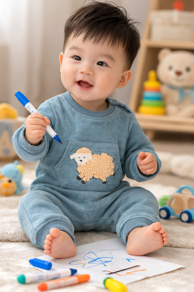 French Terry Chunky Coverall - Mineral/Sheep Applique