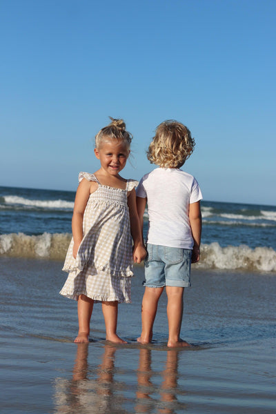 Slub Jersey Smocked Summer Dress - Stone Gingham