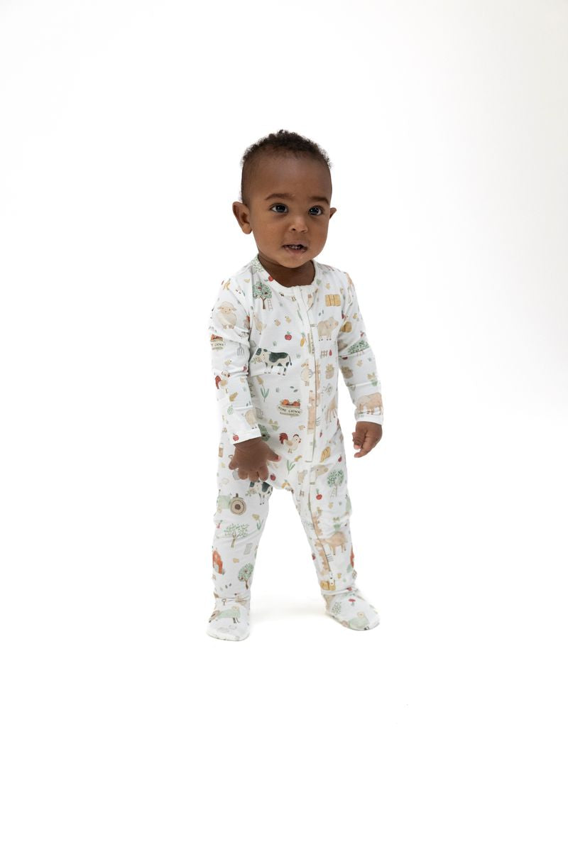 Bamboo Zipper Footie - Cute Farm Animals Uni