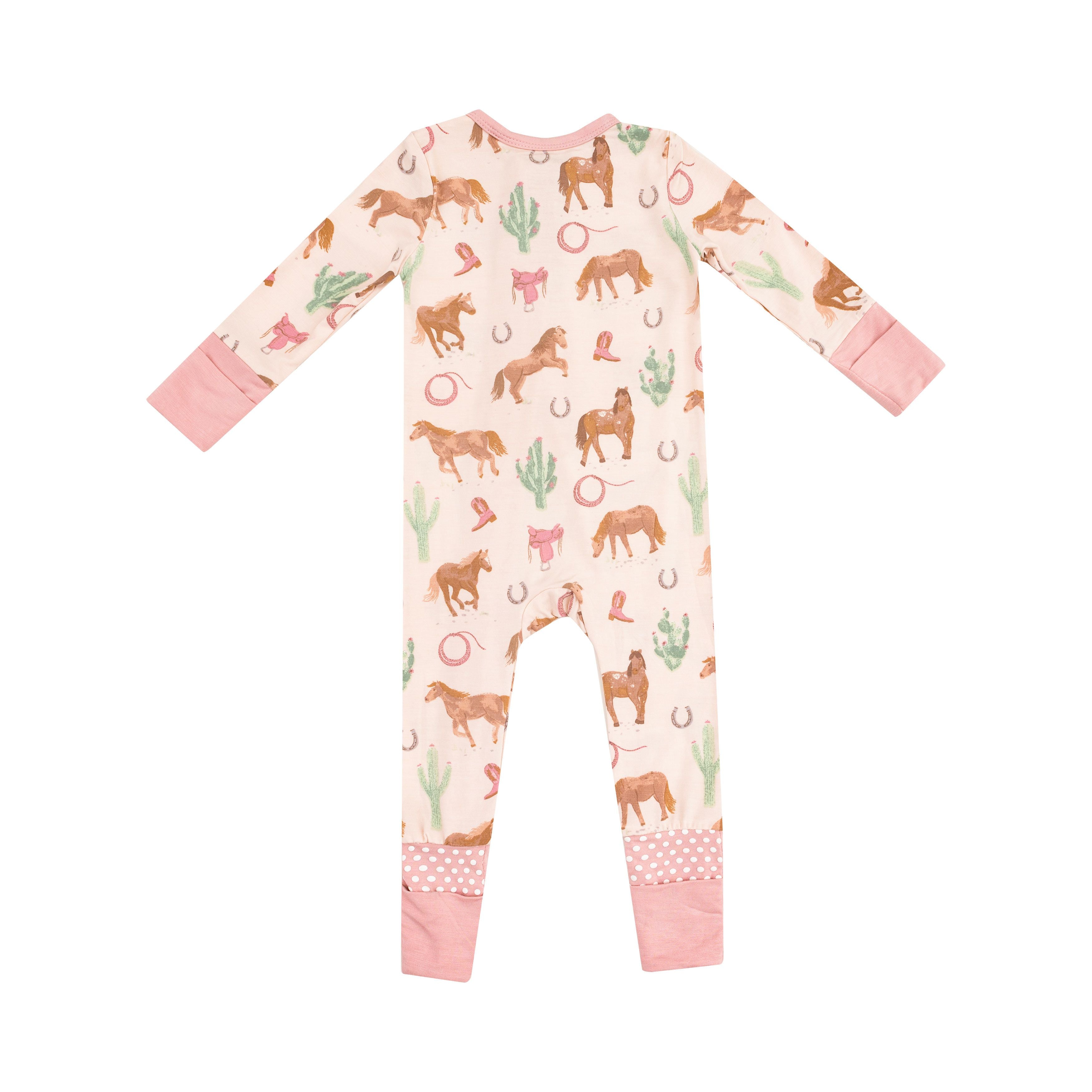 Bamboo Zipper Romper - Western Horses Pink