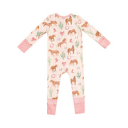 Bamboo Zipper Romper - Western Horses Pink