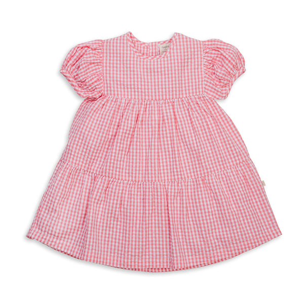 Puff Sleeve Layered Dress - Pink Gingham