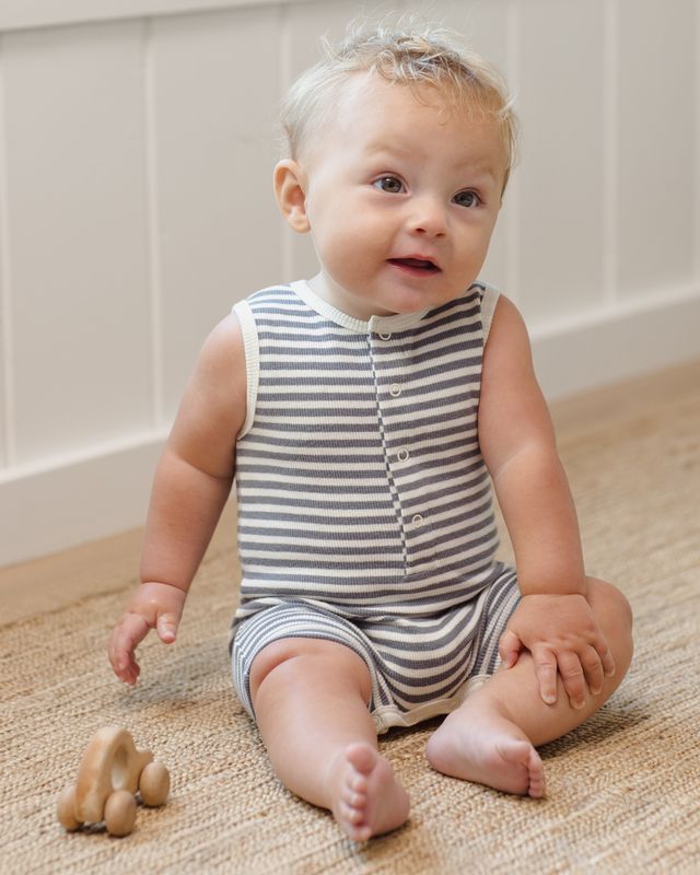 Ribbed Henley Romper - Ocean Stripe