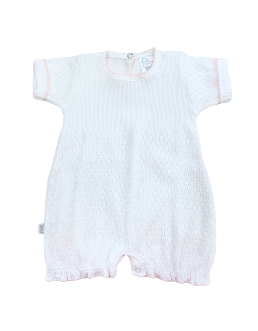 Short Sleeve Cuffed Gathered Knit Bubble - White with Pink Trim