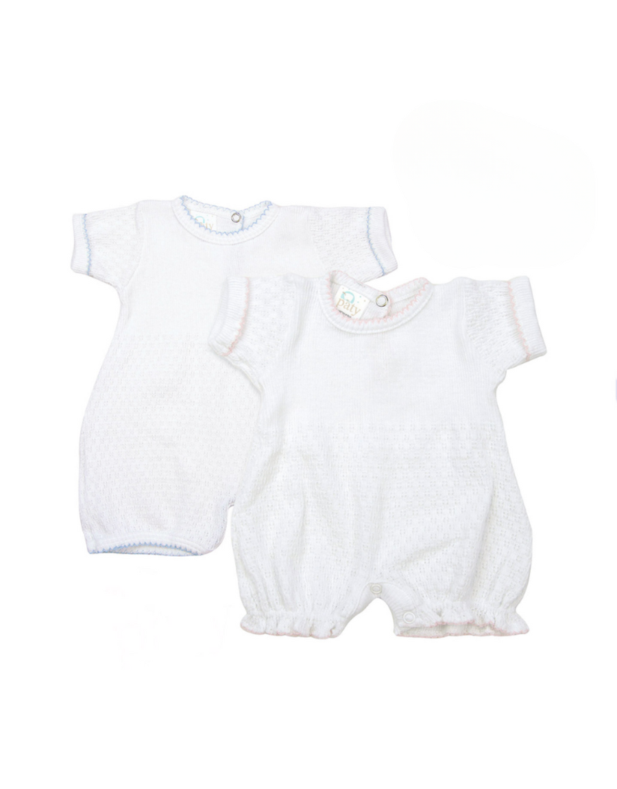 Short Sleeve Cuffed Gathered Knit Bubble - White with Blue Trim