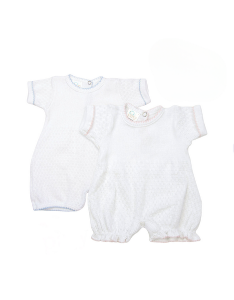Short Sleeve Cuffed Gathered Knit Bubble - White with Blue Trim