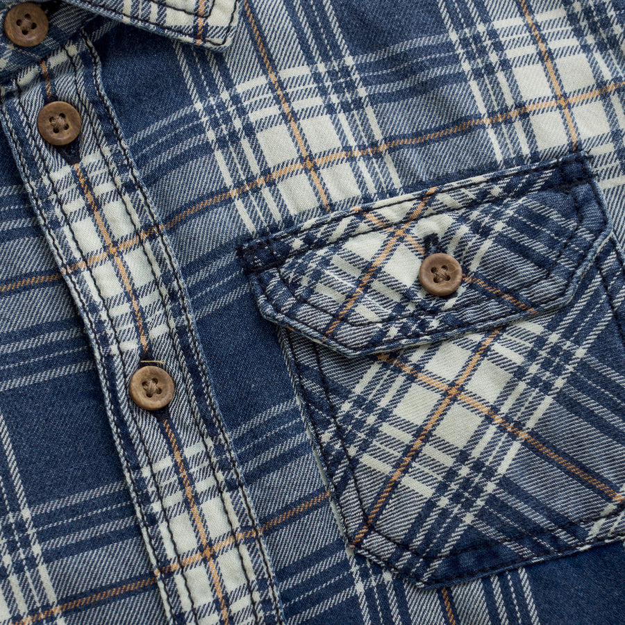 Long Sleeve Plaid Button Up - China Blue
