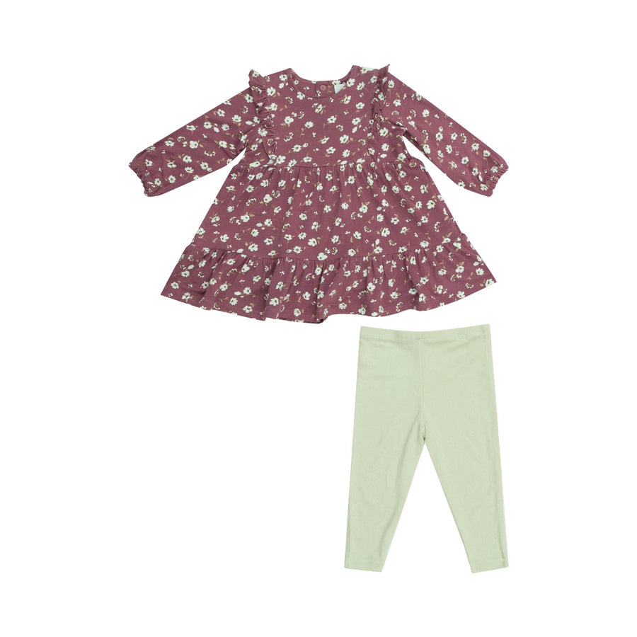 Ruffle Tiered Dress and Leggings - Plum Floral