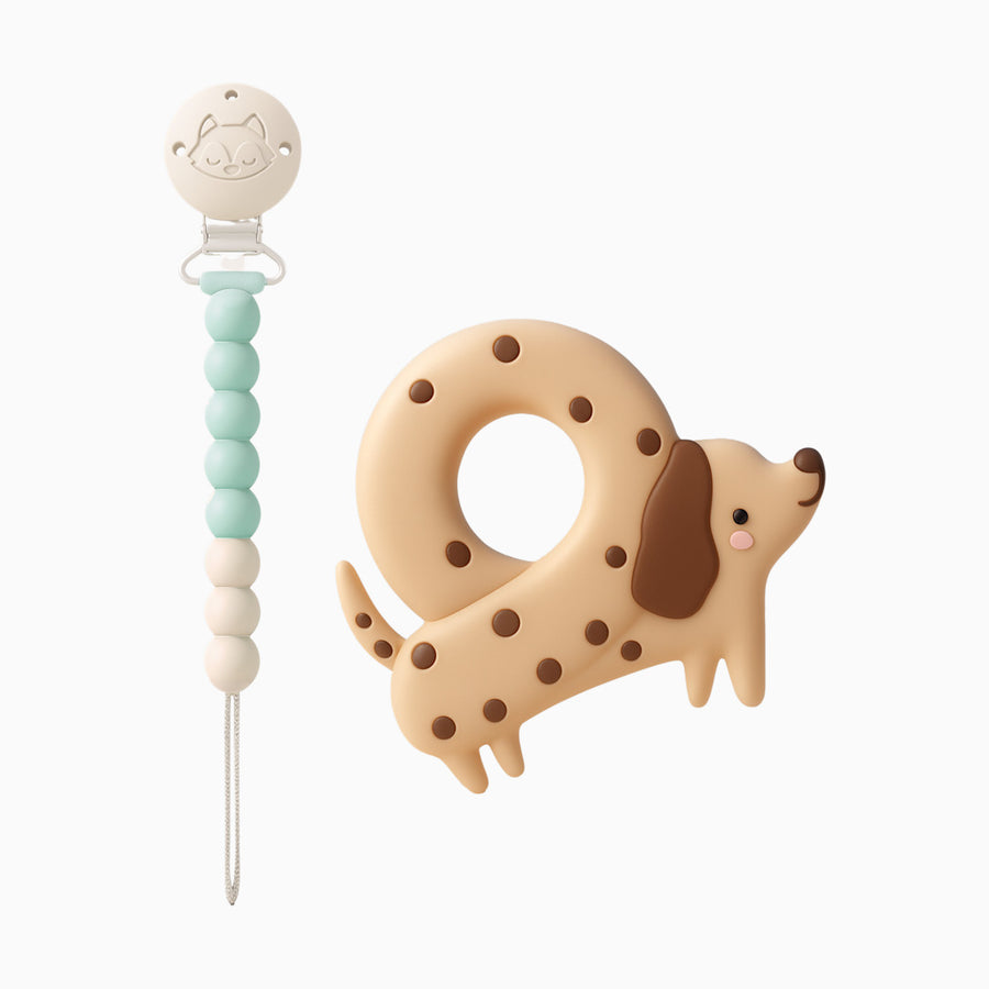 Silicone Teether With Silicone Clip - Pretzel Dog