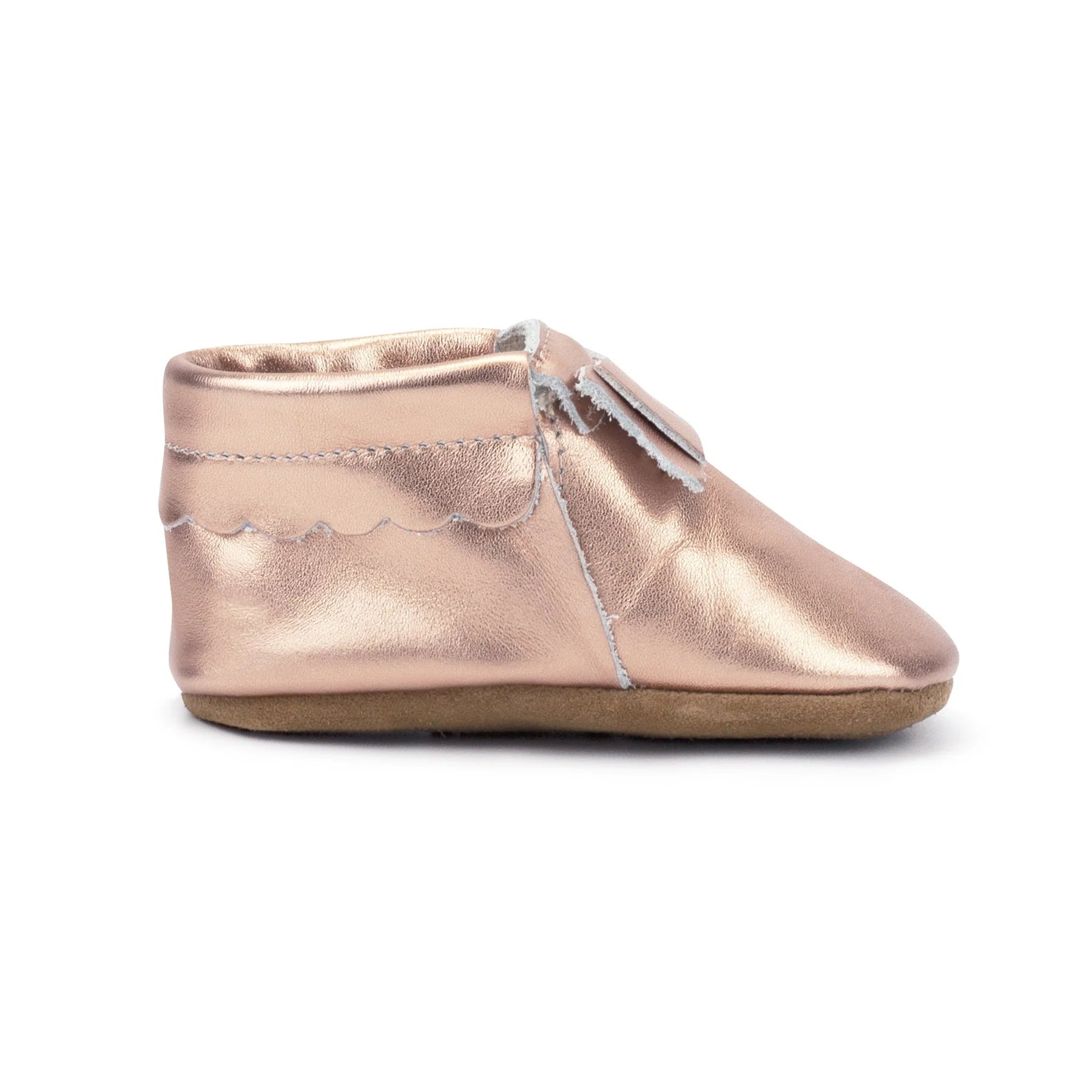 Leather Bow Moccasins - Metallic Rose Gold