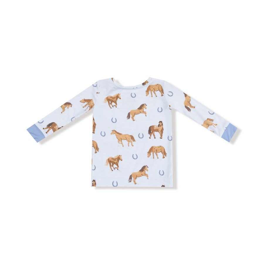 Long Sleeve Bamboo Loungewear Set - Horses - Blue