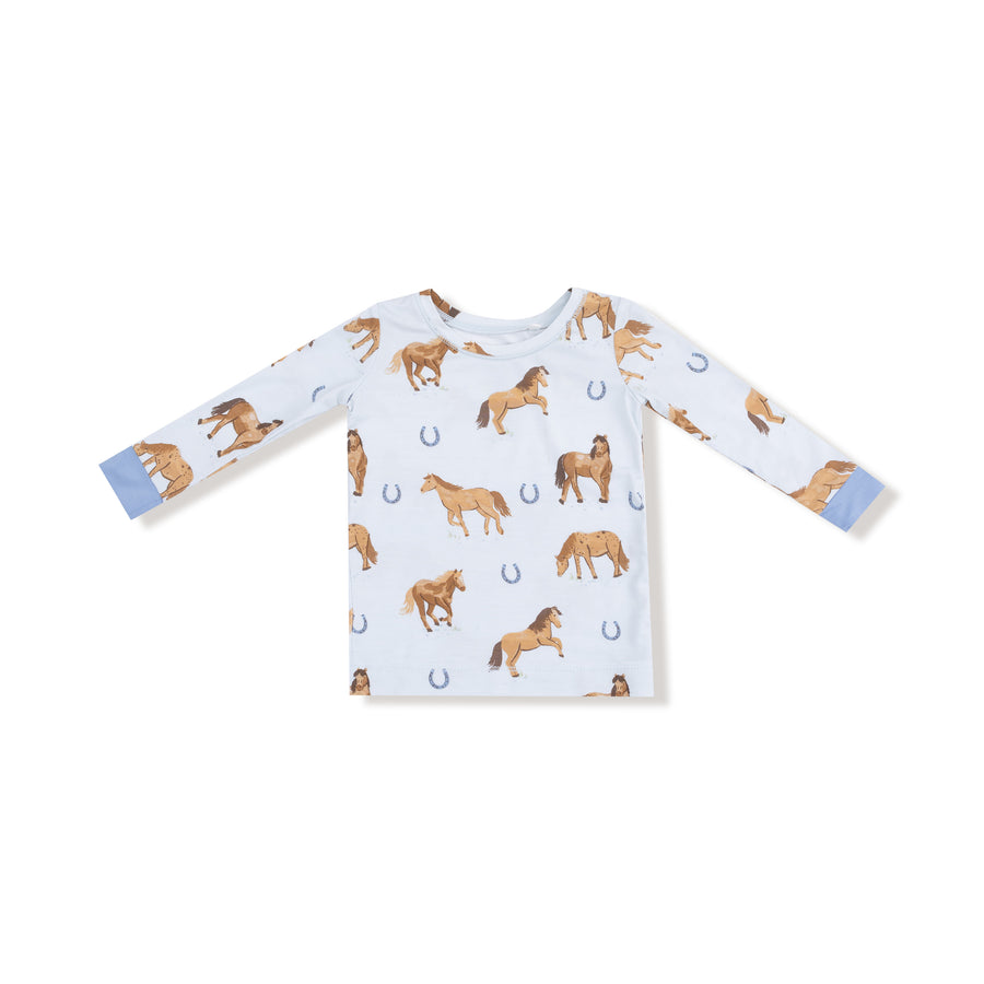 Long Sleeve Bamboo Loungewear Set - Horses - Blue