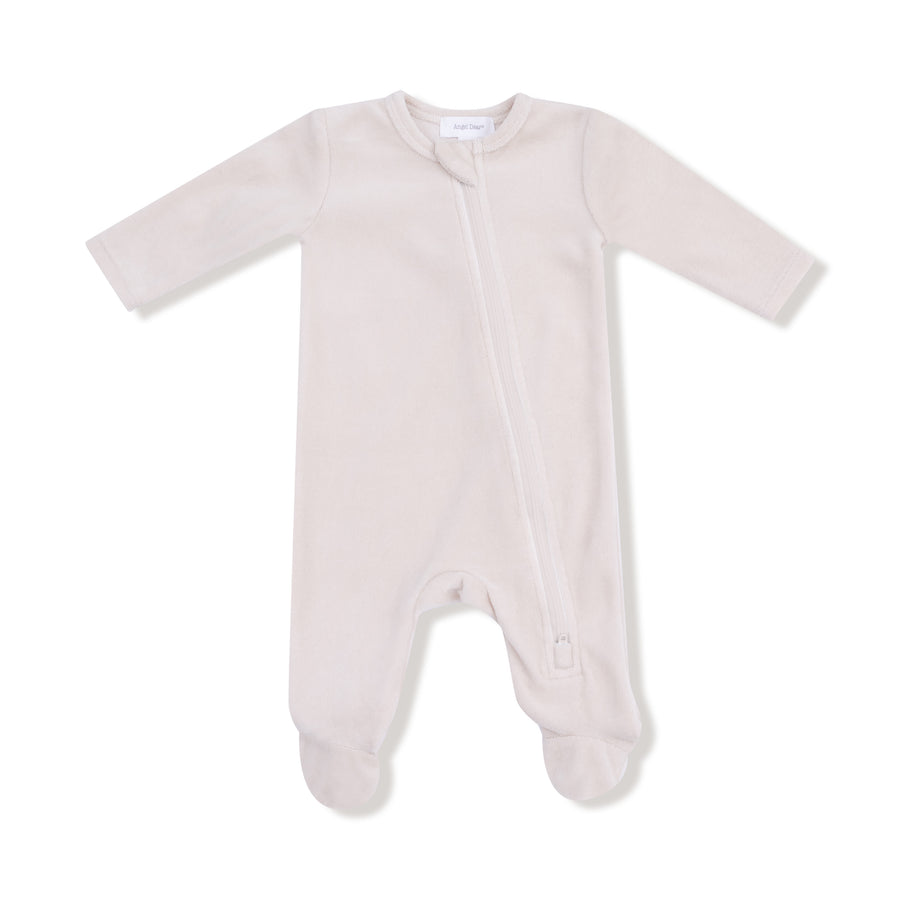 Velour Teddy Bear Zipper Footie - Oatmilk