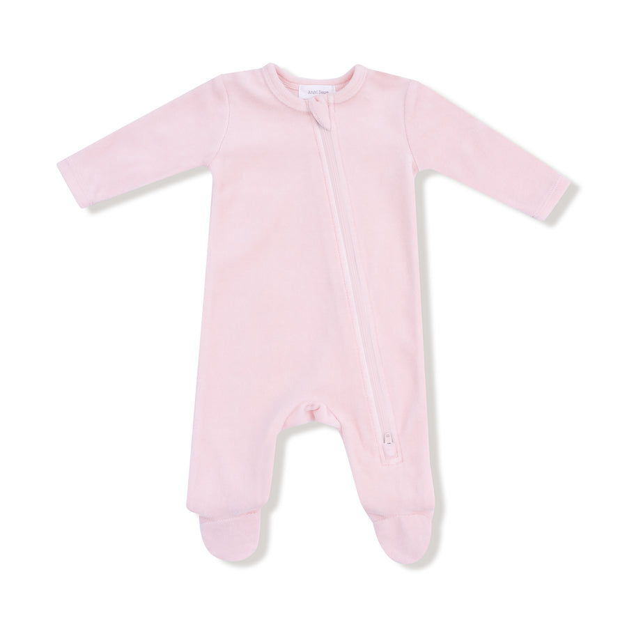 Velour Teddy Bear Zipper Footie - Pink