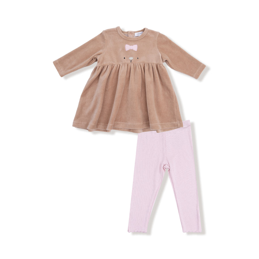 Long Sleeve Empire Waist Dress with Ribbed Leggings - Velour Teddy Bear