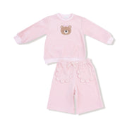 Long Sleeve Oversized Shirt with Wide Leg Pant - Velour Teddy Bear