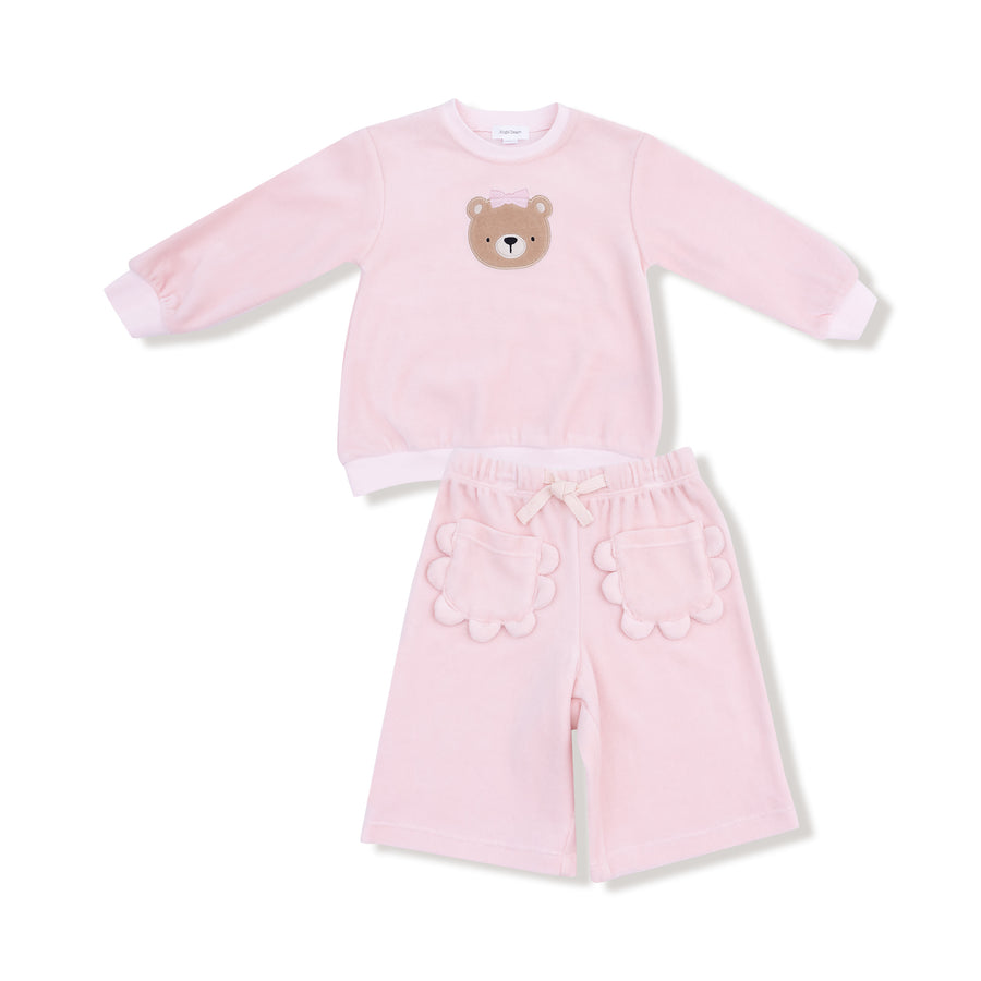 Long Sleeve Oversized Shirt with Wide Leg Pant - Velour Teddy Bear