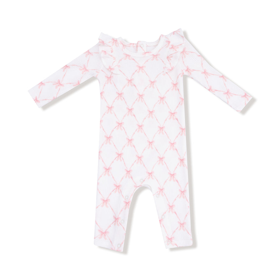 Long Sleeve Ruffle Romper - Ribbon Bow Trellis