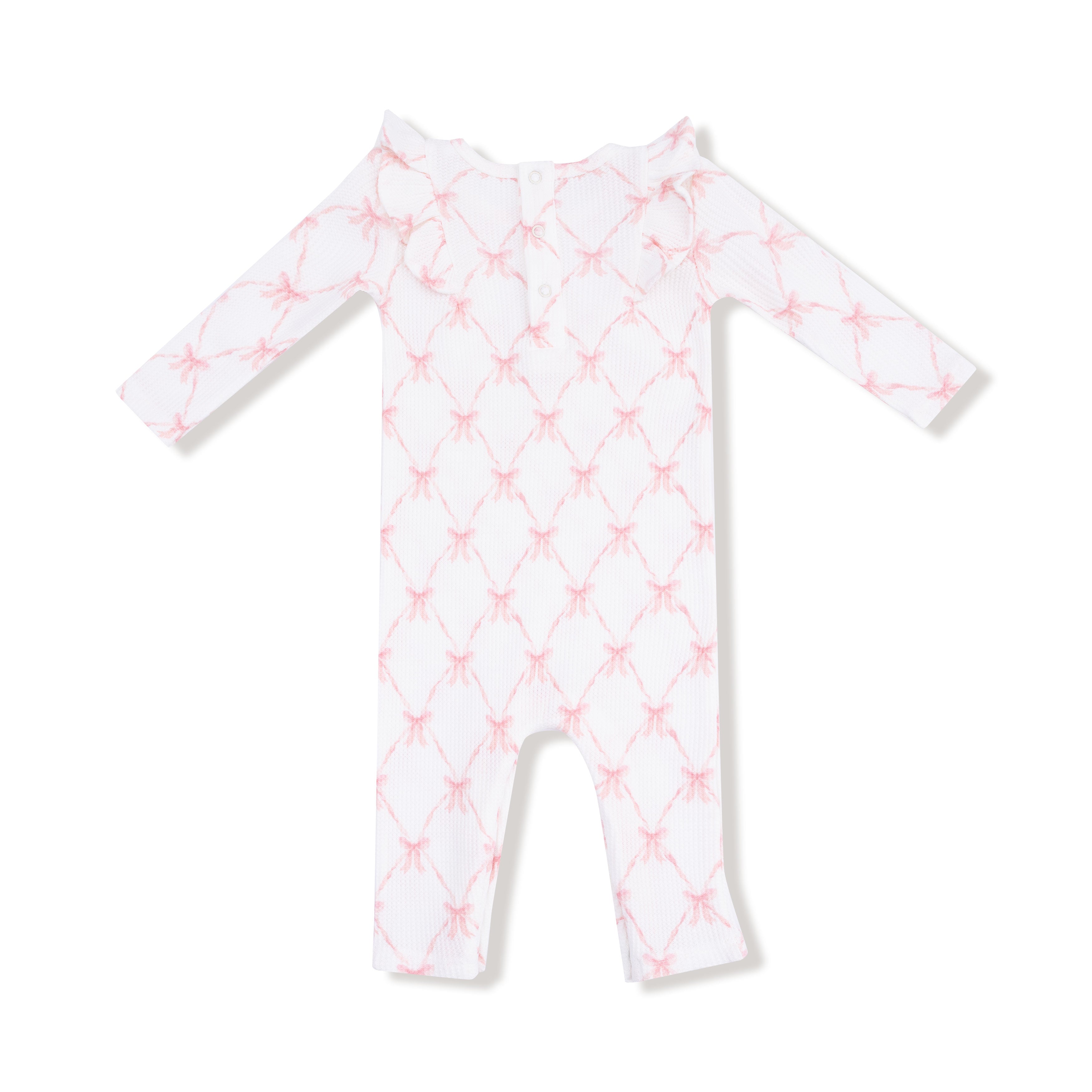 Long Sleeve Ruffle Romper - Ribbon Bow Trellis