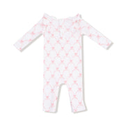 Long Sleeve Ruffle Romper - Ribbon Bow Trellis