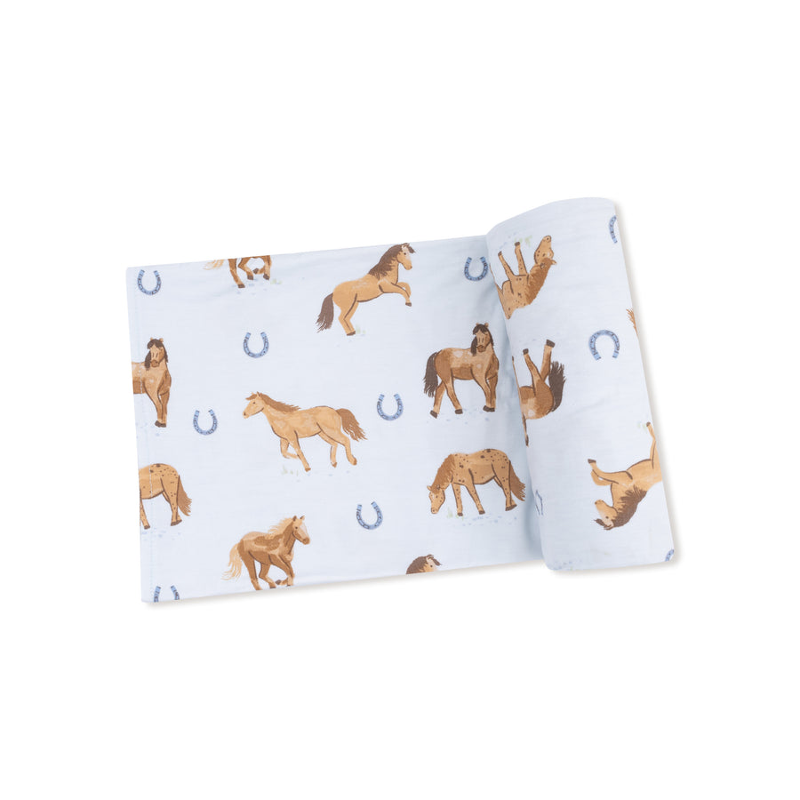 Bamboo Swaddle Blanket - Horses - Blue