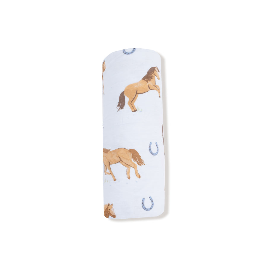 Bamboo Swaddle Blanket - Horses - Blue