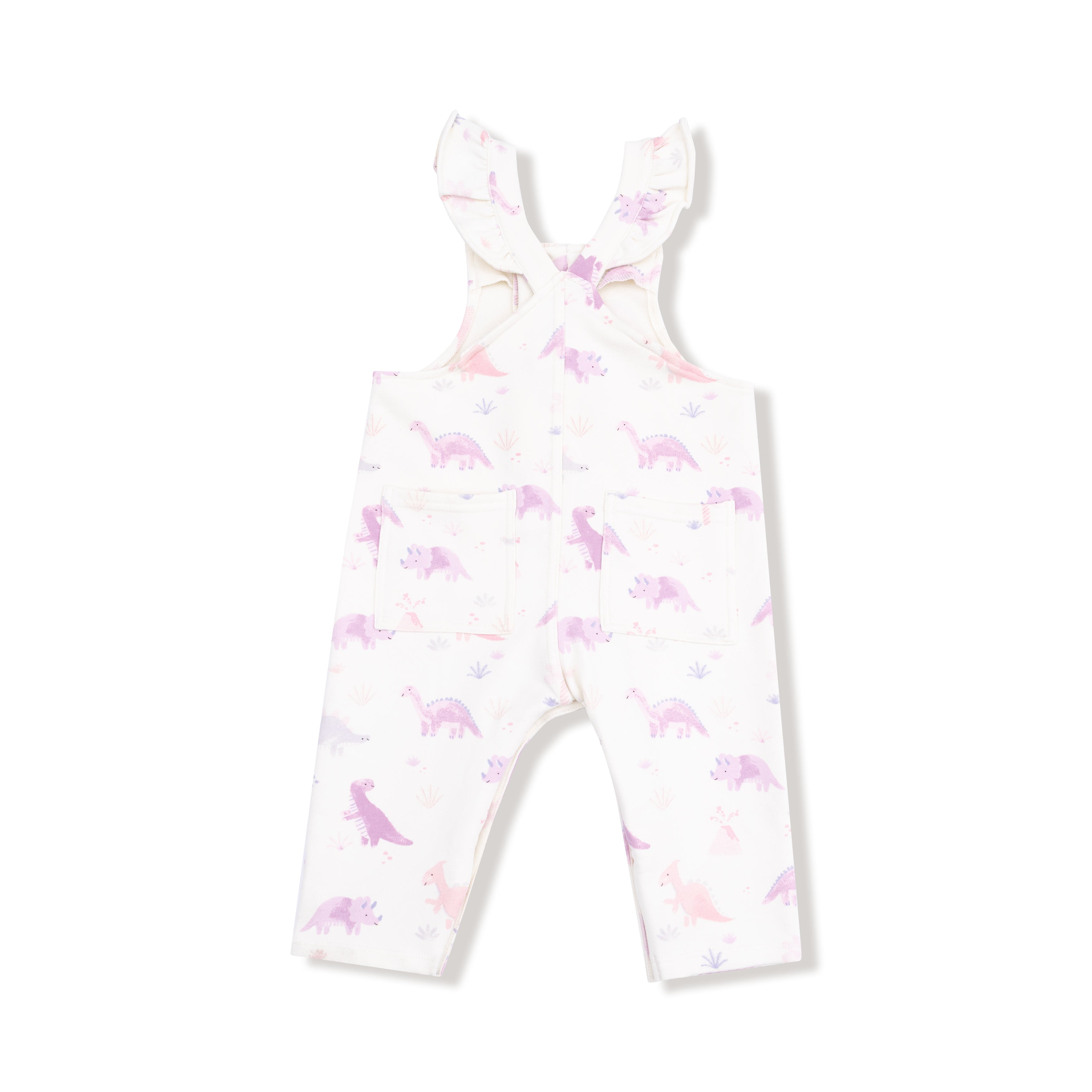 Front Placket Ruffle Overall - Soft Dinos - Purple