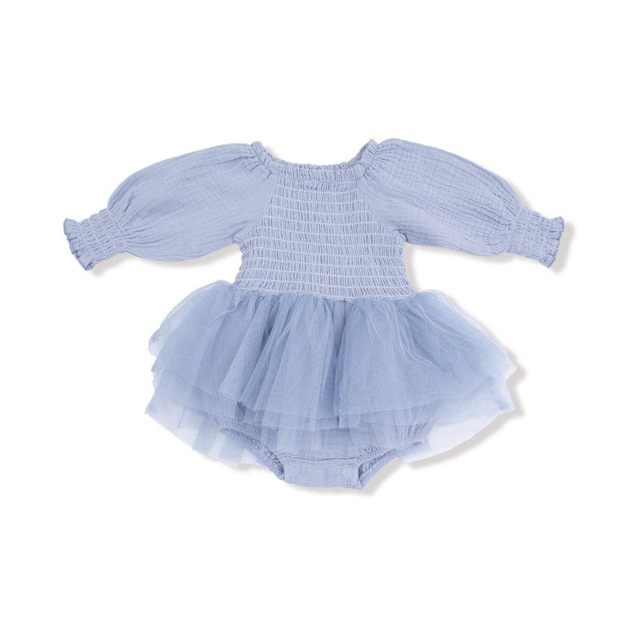 Long Sleeve Smocked Bubble with Tutu - Soft Chambray