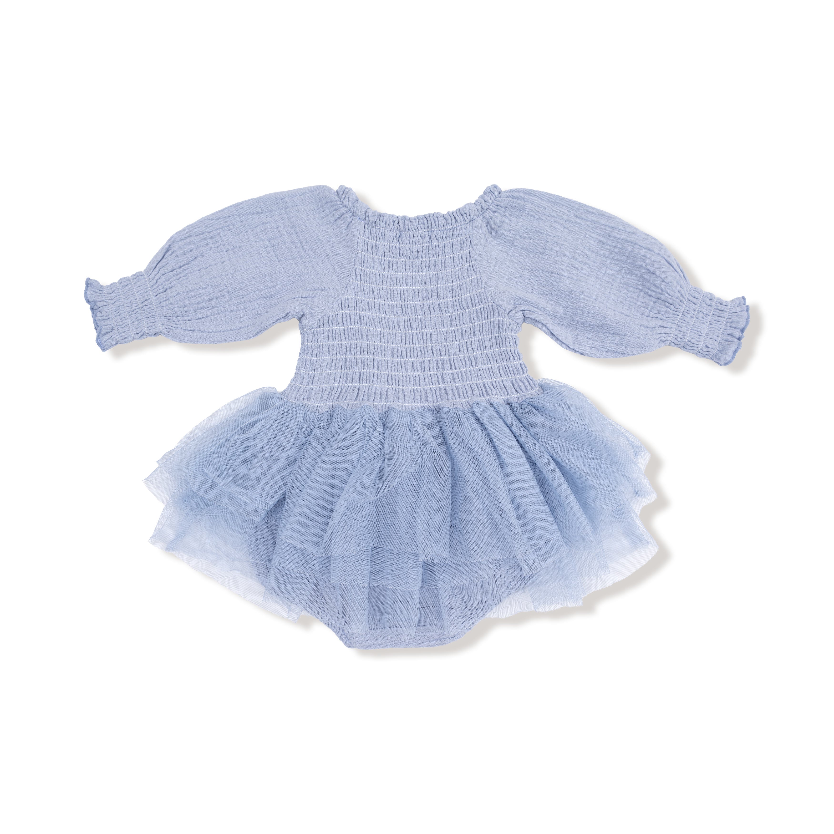 Long Sleeve Smocked Bubble with Tutu - Soft Chambray