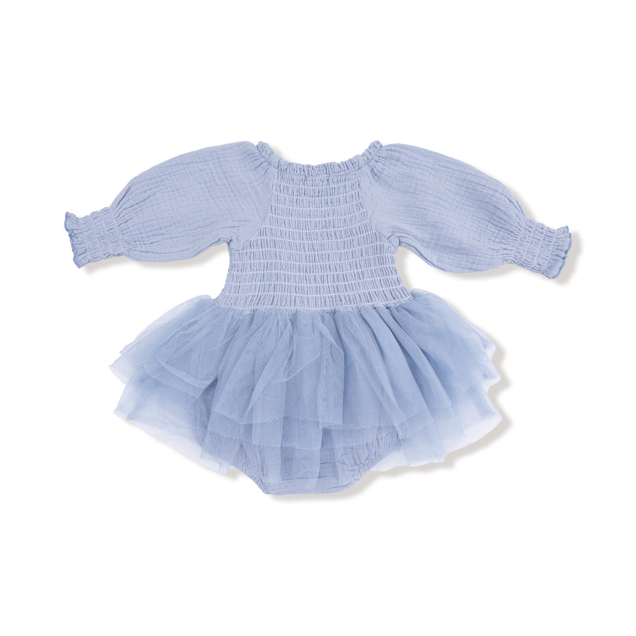 Long Sleeve Smocked Bubble with Tutu - Soft Chambray