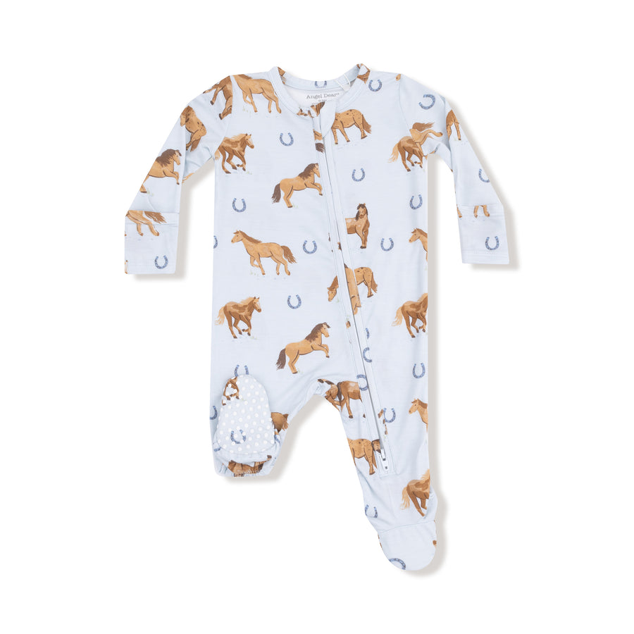 Bamboo Zipper Footie - Horses - Blue