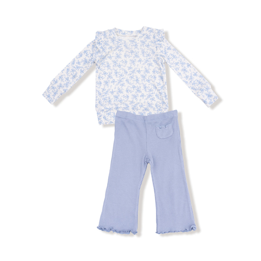 Ruffle Shoulder Rib Shirt and Waffle Flare Pant - Romi Floral