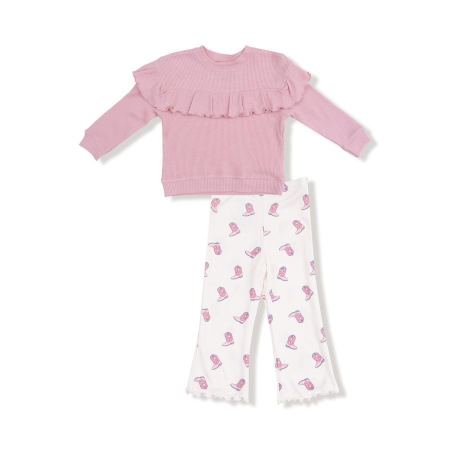 Ruffle Waffle Top and Rib Flare Pant - Petite Cowgirl Boots
