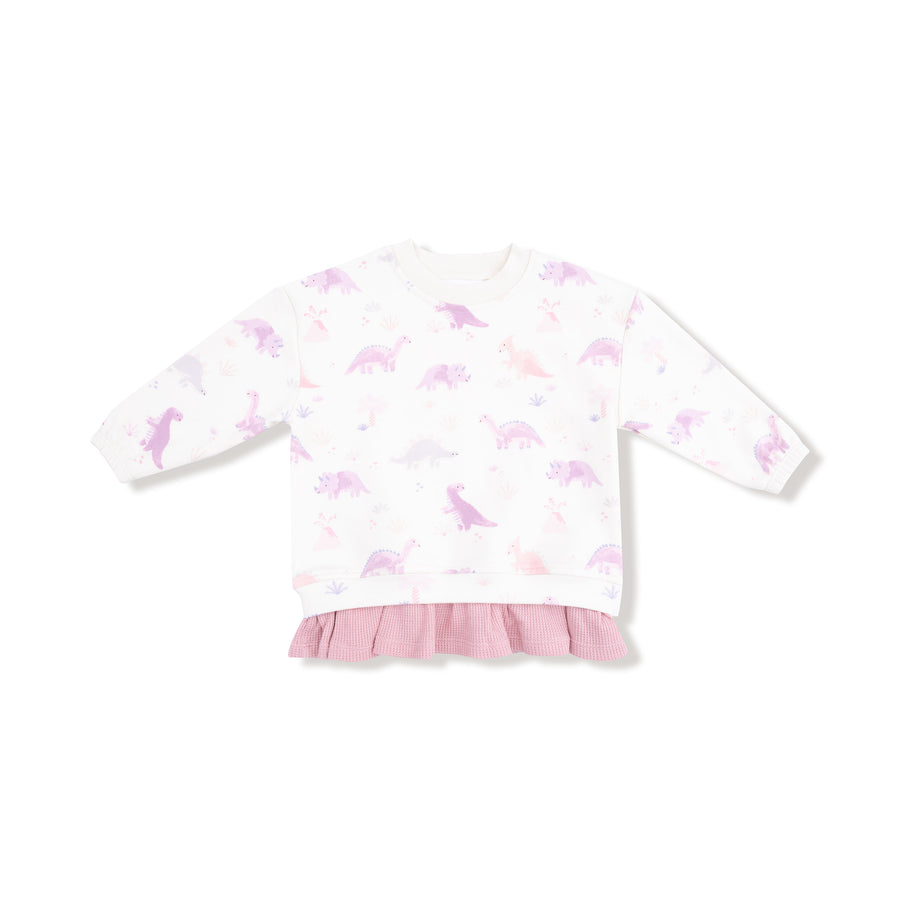 Pull Over Sweatshirt with Ruffle and Waffle Flare Pant - Soft Dinos - Purple