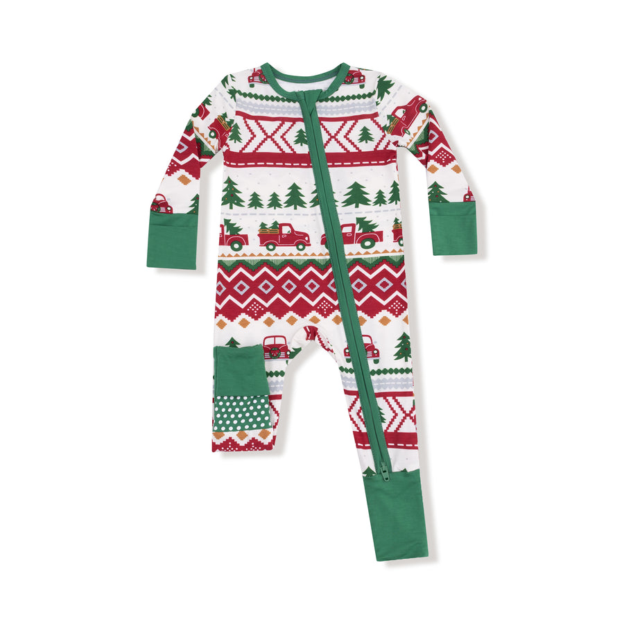 Bamboo Zipper Romper - Red Truck Fair Isle