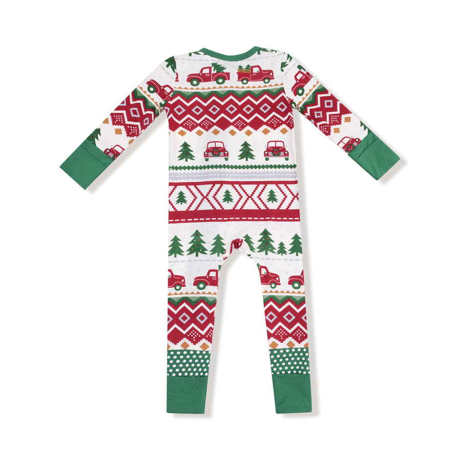Bamboo Zipper Romper - Red Truck Fair Isle