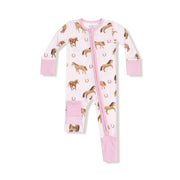Bamboo Zipper Romper - Horses - Pink