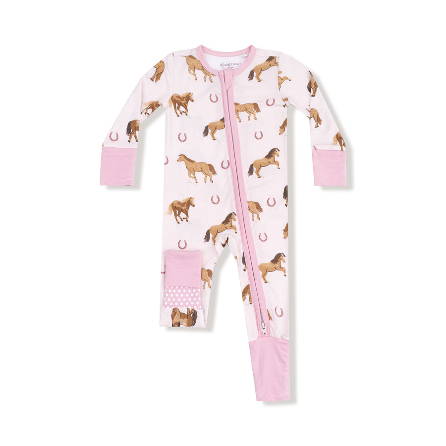 Bamboo Zipper Romper - Horses - Pink