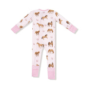 Bamboo Zipper Romper - Horses - Pink